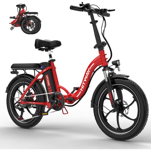Rotes Hitway E-Bike mit Faltmechanismus und Akku, auf weißem Hintergrund abgebildet.