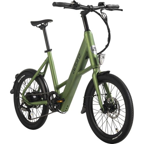 Grünes faltbares E-Bike mit dickem Rahmen und breiten Reifen.