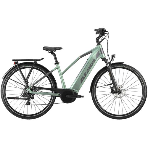 Grünes E-Bike mit Elektromotor und Gepäckträger seitlich betrachtet. Grünes E-Bike mit Elektromotor und Gepäckträger seitlich betrachtet.