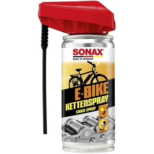 Sprühdose Sonax E-Bike Kettenspray mit rotem Sprühkopf und gelb-schwarzem Etikett.