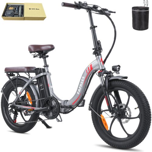 Faltbares graues E-Bike mit Zubehör, präsentiert auf weißem Hintergrund. Faltbares graues E-Bike mit Zubehör, präsentiert auf weißem Hintergrund.