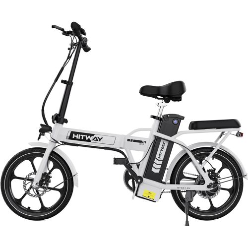 Weißes Klapprad mit Elektromotor und schwarzem Sattel auf weißem Hintergrund.