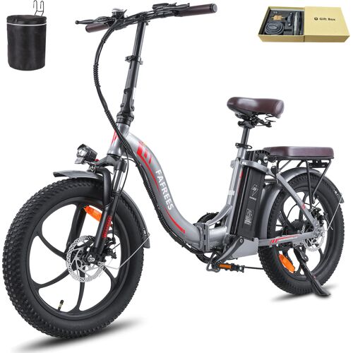 Grau-schwarzes Klapprad, E-Bike mit Zubehör und Verpackung. Grau-schwarzes Klapprad, E-Bike mit Zubehör und Verpackung.