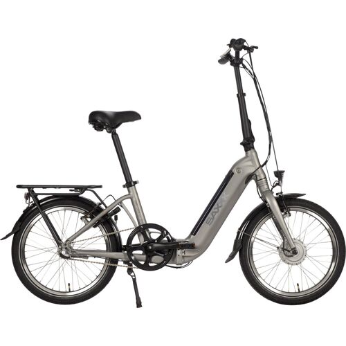 Silbernes Klapp-E-Bike mit tiefem Einstieg und Gepäckträger.