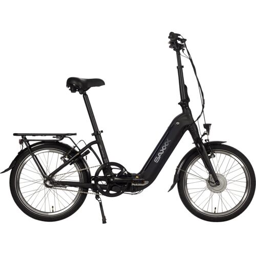 Schwarzes E-Bike mit faltbarem Rahmen seitlich fotografiert