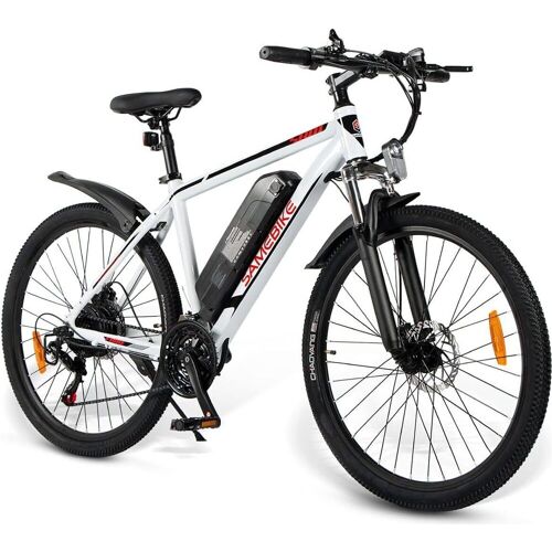 Ein weißes E-Bike mit schwarzen Reifen und elektrischer Unterstützung. Ein weißes E-Bike mit schwarzen Reifen und elektrischer Unterstützung.