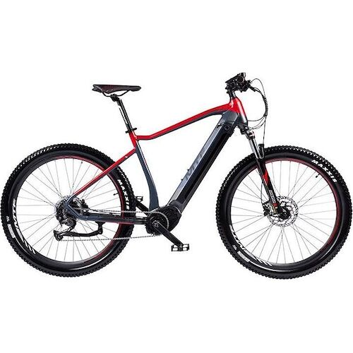Rotes und schwarzes E-Mountainbike mit dicken Reifen und Federung. Rotes und schwarzes E-Mountainbike mit dicken Reifen und Federung.