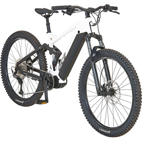 Weißes E-Bike mit dicken Reifen und robustem Rahmen. Weißes E-Bike mit dicken Reifen und robustem Rahmen.