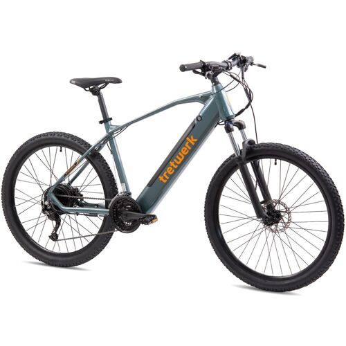 Blaues E-Mountainbike mit dickem Rahmen und gelber Aufschrift auf weißem Hintergrund.