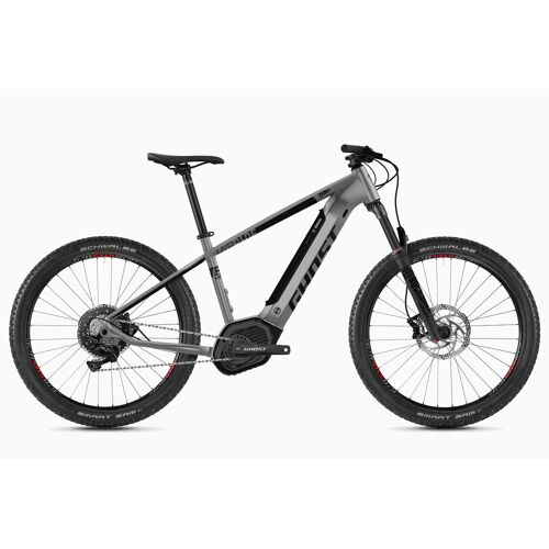 Graues E-Mountainbike mit robustem Rahmen und Scheibenbremsen.