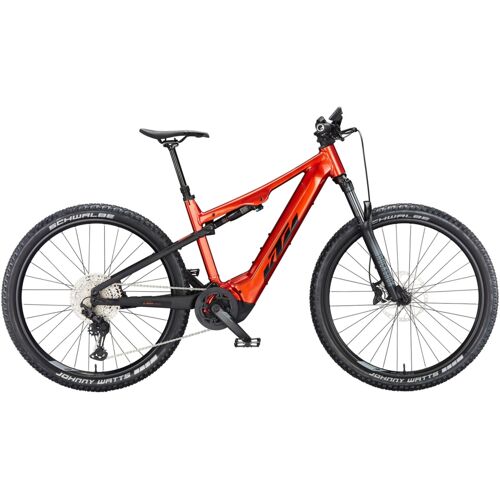 Rotes E-Mountainbike mit SRAM-Komponenten und Schwalbe-Reifen seitlich abgebildet.