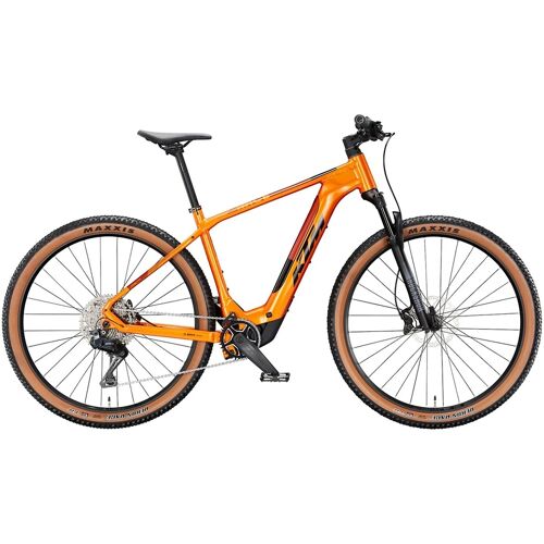 Orangefarbenes elektrisches Mountainbike mit dicken Reifen und schwarzem Lenker.