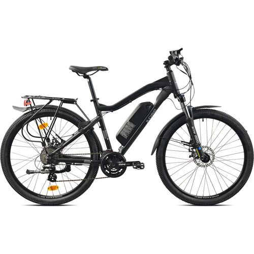 Schwarzes E-Mountainbike seitlich mit Elektroantrieb und Gepäckträger.