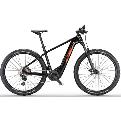 Schwarzes elektrisches Mountainbike mit grobstolligen Reifen und stabiler Rahmenkonstruktion.