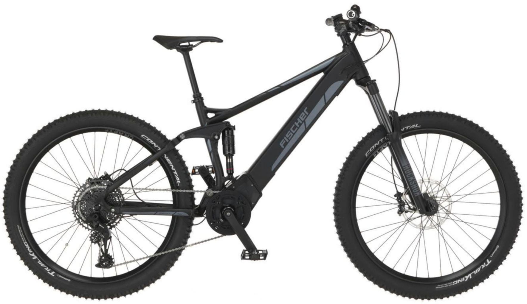 Schwarzes E-Mountainbike mit dicken Reifen und robuster Rahmenkonstruktion.