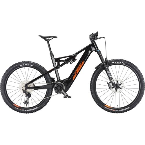 Schwarzes Mountainbike mit Elektromotor, großem Rahmen und grobstolligen Reifen.