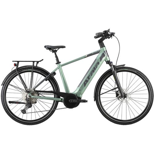 Grünes E-Bike mit Rahmen, Gepäckträger und großen Reifen.