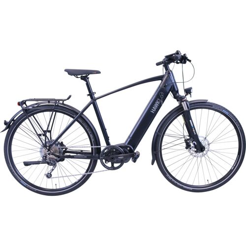 Schwarzes E-Bike mit Gepäckträger und Scheibenbremsen in seitlicher Ansicht. Schwarzes E-Bike mit Gepäckträger und Scheibenbremsen in seitlicher Ansicht.