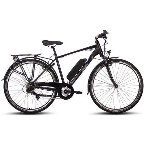 Schwarzes E-Bike mit Gepäckträger und sichtbarem Akku an der Seite. Schwarzes E-Bike mit Gepäckträger und sichtbarem Akku an der Seite.