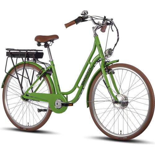 Grünes E-Bike mit braunem Sitz und Gepäckträger.