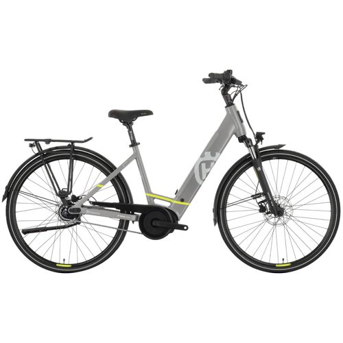 Graues E-Bike mit tiefem Einstieg und robustem Gepäckträger Graues E-Bike mit tiefem Einstieg und robustem Gepäckträger
