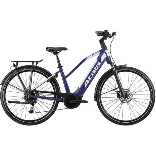 Blaues E-Bike mit Gepäckträger und Scheibenbremsen vor weißem Hintergrund. Blaues E-Bike mit Gepäckträger und Scheibenbremsen vor weißem Hintergrund.