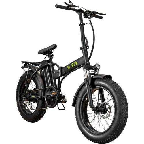 Schwarzes faltbares E-Bike mit dicken Reifen und Gepäckträger.