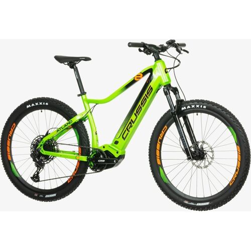 Grün-schwarzes E-Mountainbike von Crussis mit robustem Rahmen und breiten Reifen.