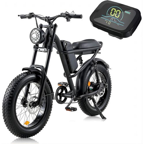 Schwarzes Elektro-Fahrrad mit dicken Reifen und digitalem Display im Hintergrund.