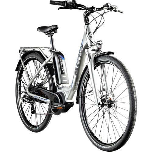 Silbernes Elektro-Fahrrad mit Gepäckträger und schwarzem Lenker in seitlicher Ansicht. Silbernes Elektro-Fahrrad mit Gepäckträger und schwarzem Lenker in seitlicher Ansicht.