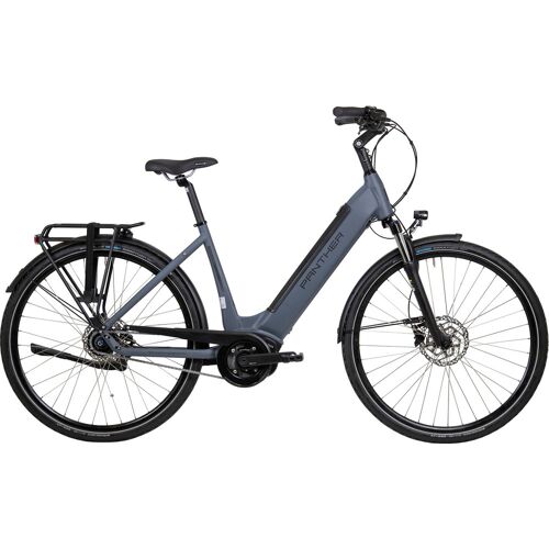 Graues Elektrofahrrad mit tiefem Einstieg und Gepäckträger Graues Elektrofahrrad mit tiefem Einstieg und Gepäckträger