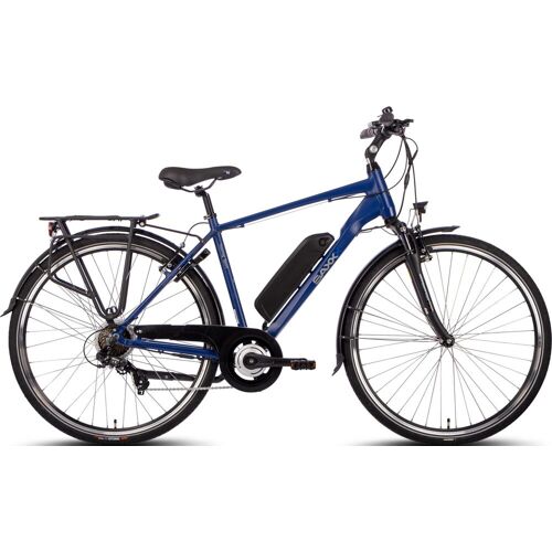 Blaues Elektrofahrrad mit Gepäckträger und schwarzem Akku an Seitenansicht. Blaues Elektrofahrrad mit Gepäckträger und schwarzem Akku an Seitenansicht.