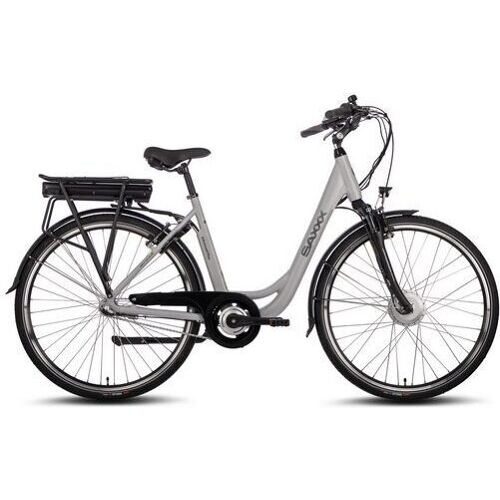 Graues City-Elektrofahrrad mit tiefem Einstieg und Gepäckträger aus seitlicher Ansicht. Graues City-Elektrofahrrad mit tiefem Einstieg und Gepäckträger aus seitlicher Ansicht.