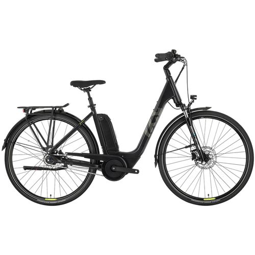 Schwarzes Elektrofahrrad mit tiefem Einstieg und Gepäckträger seitlich fotografiert. Schwarzes Elektrofahrrad mit tiefem Einstieg und Gepäckträger seitlich fotografiert.