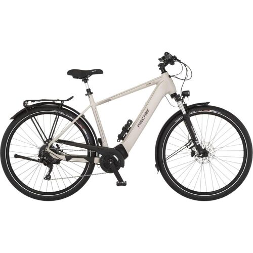 Weißes Elektrofahrrad mit schwarzer Bereifung und Gepäckträger, seitliche Ansicht. Weißes Elektrofahrrad mit schwarzer Bereifung und Gepäckträger, seitliche Ansicht.