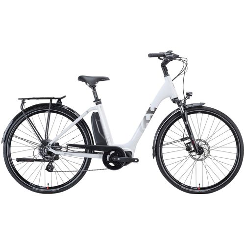 Weißes Elektrofahrrad mit mittlerem Rahmen auf weißem Hintergrund. Weißes Elektrofahrrad mit mittlerem Rahmen auf weißem Hintergrund.