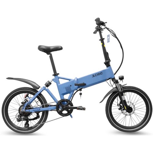 Blaues faltbares Elektrofahrrad mit schwarzem Sattel und Lenker. Blaues faltbares Elektrofahrrad mit schwarzem Sattel und Lenker.
