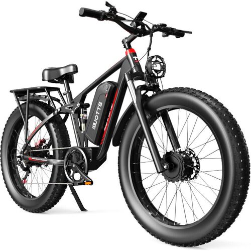 Schwarzes Elektrofahrrad mit dicken Reifen und Gepäckträger auf weißem Hintergrund. Schwarzes Elektrofahrrad mit dicken Reifen und Gepäckträger auf weißem Hintergrund.