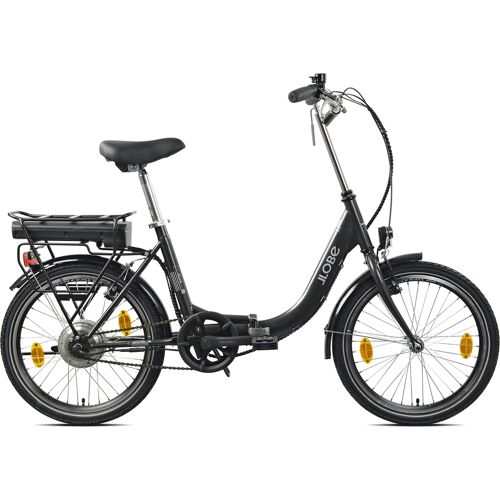 Schwarzes Elektrofahrrad mit niedrigem Rahmen und montiertem Akku auf weißem Hintergrund.