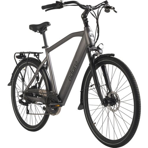 Graues Elektrofahrrad mit Gepäckträger und Schutzblechen auf weißem Hintergrund. Graues Elektrofahrrad mit Gepäckträger und Schutzblechen auf weißem Hintergrund.