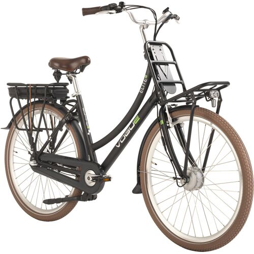 Schwarzes Elektrofahrrad mit Gepäckträger und braunem Sattel Schwarzes Elektrofahrrad mit Gepäckträger und braunem Sattel