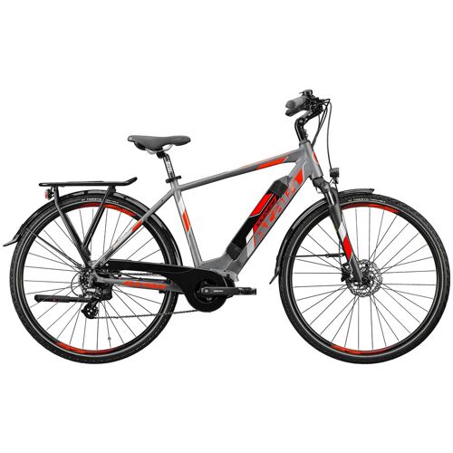 Graues Elektrofahrrad mit roter Verzierung und Gepäckträger auf weißem Hintergrund. Graues Elektrofahrrad mit roter Verzierung und Gepäckträger auf weißem Hintergrund.