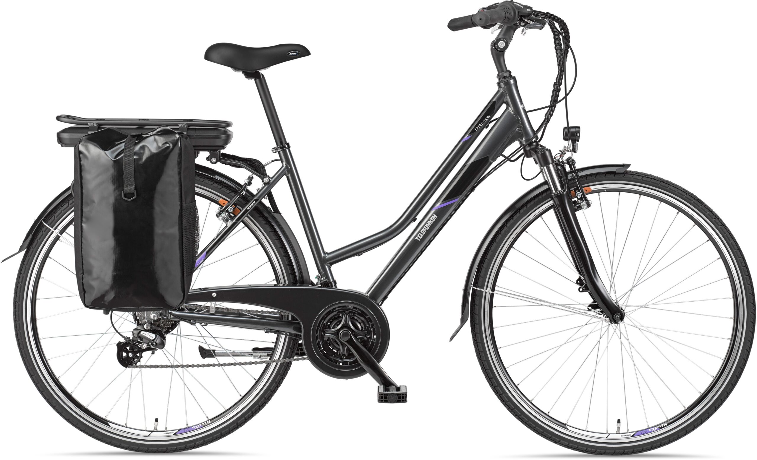 Schwarzes Citybike mit Gepäcktasche und tiefem Einstieg.