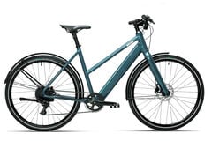 Blaues E-Bike mit modernem Rahmen und Schutzblechen seitlich abgebildet.