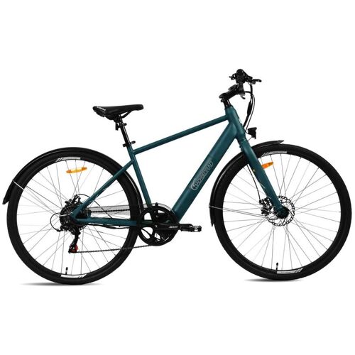 Blaues Elektro-Fahrrad mit schwarzem Sattel und Reifen auf weißem Hintergrund.