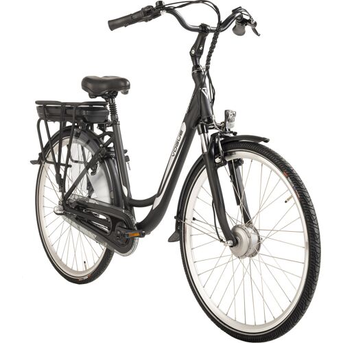 Schwarz glänzendes E-Bike mit ergonomischem Lenker und Gepäckträger. Schwarz glänzendes E-Bike mit ergonomischem Lenker und Gepäckträger.