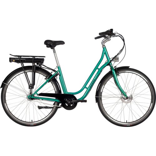 Grünes E-Bike mit tiefem Einstieg und Gepäckträger seitlich.