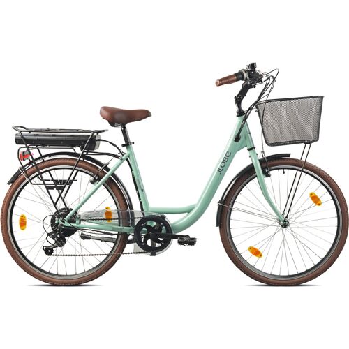 Mintgrünes E-Bike mit Korb und braunem Sattel im Seitenprofil.