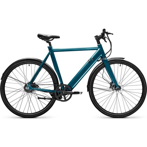 Modernes blaues E-Bike mit schlichtem Design und schwarzen Reifen.