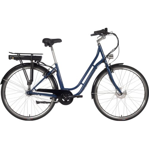 Blaues E-Bike mit tiefem Einstieg und Gepäckträger